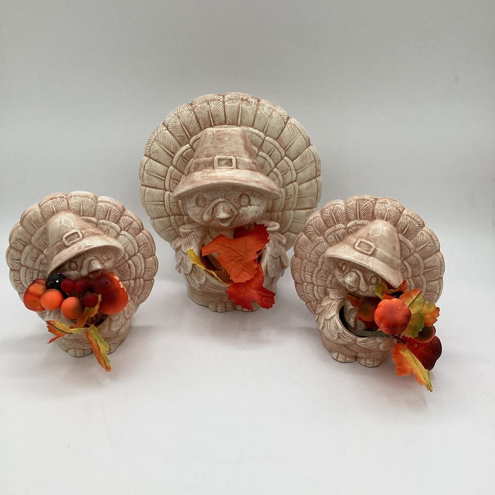 THANKSGIVING Turkey Figurines with Pumpkins and Fall Leaves Set of Three Vintage